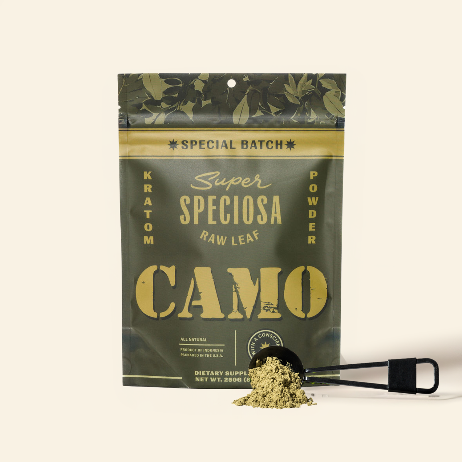 Super Speciosa Camo Kratom Powder in front of a neutral background.
