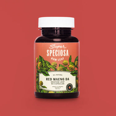 Super Speciosa Red Maeng Da kratom capsule bottle. Buy premium kratom pills online today!