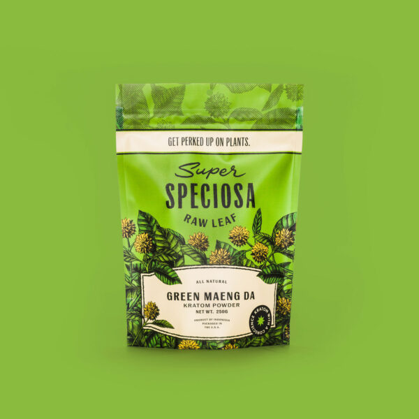 Super Speciosa Green Maeng Da kratom powder bag. Buy premium kratom today!