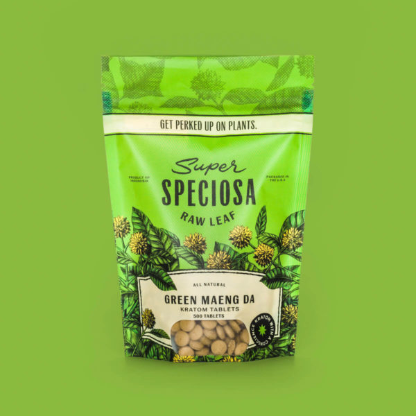 Bag of Super Speciosa green maeng da kratom tablets. Green kratom strain.