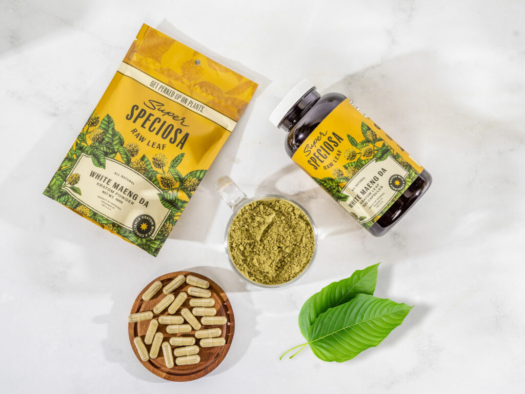 Super Speciosa kratom products, kratom powder, and kratom capsules with kratom leaf.