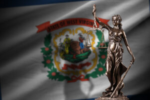 West Virginia US state flag with statue of lady justice and judicial scales in dark room. Concept of judgement and punishment, background for jury topics
