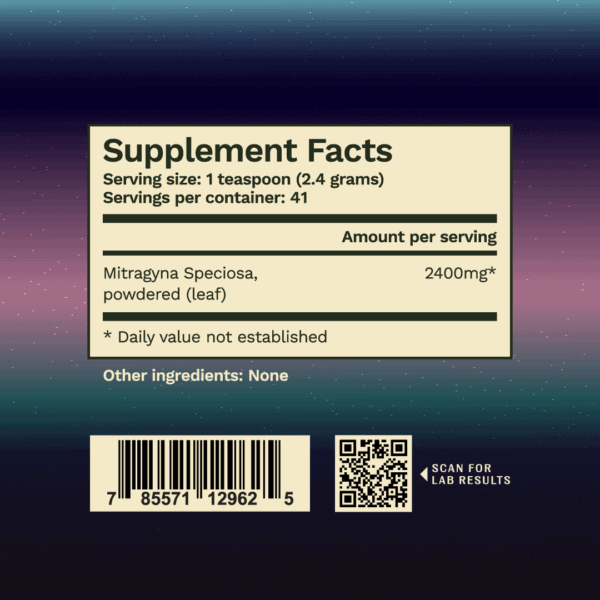 Supplemental facts, ingredients shown for Super Speciosa's Big Bang 2.0 Kratom Powder with UPC code and QR code for third party lab test.