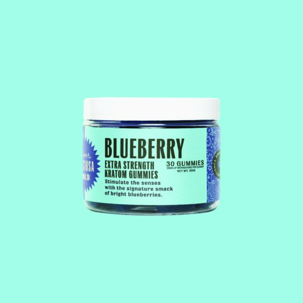 Buy premium Blueberry extra strength kratom gummies from Super Speciosa. Kratom edibles jar with blue background.