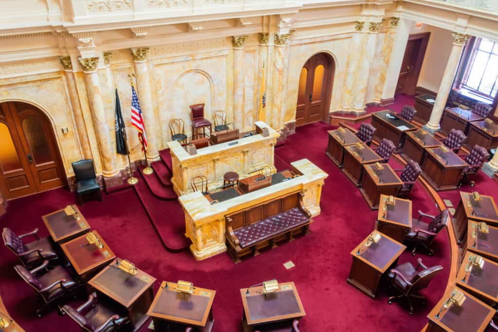 Trenton, New Jersey, United States of America – September 6, 2016. Senate Chamber of New Jersey State House in Trenton, NJ. This is where the state’s 40 senators debate and vote on ideas for new laws.