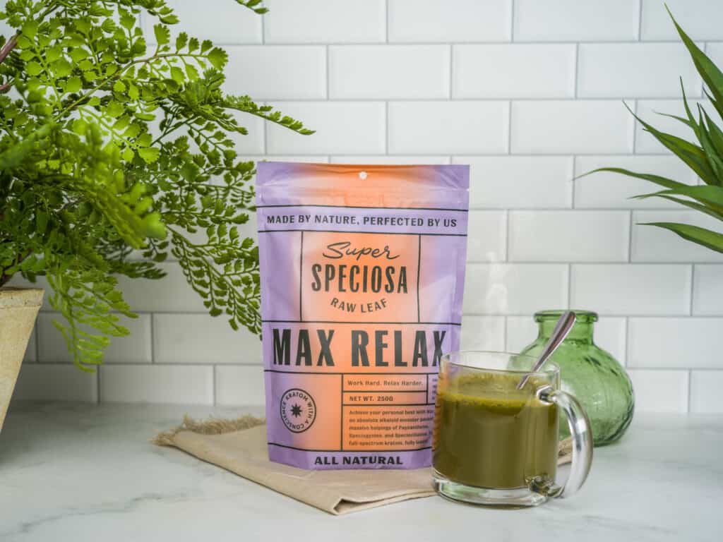 Super Speciosa's Max Relax kratom strain with kratom powder drink mix.