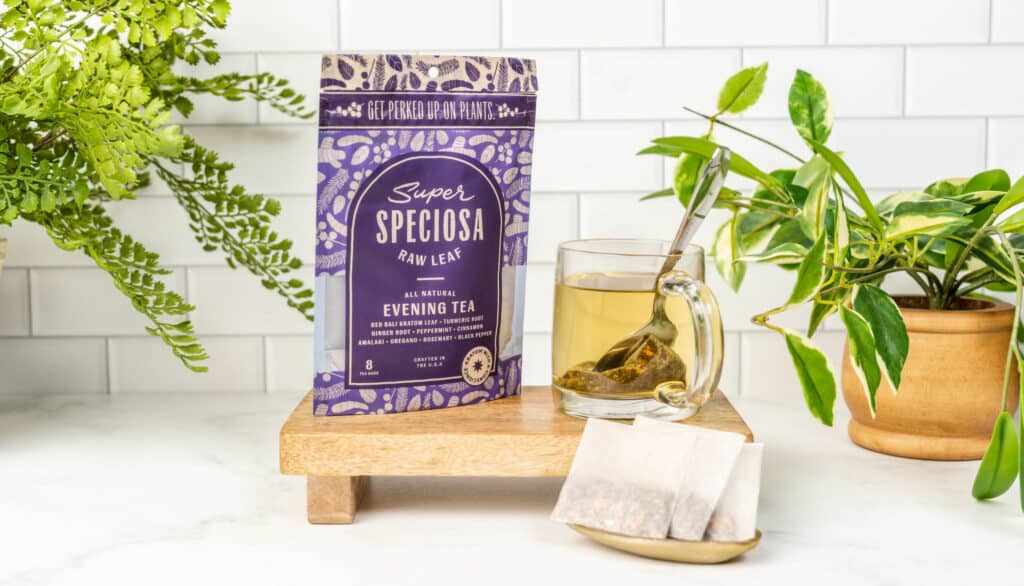 Super Speciosa Evening Tea, a kratom and herbal blend for relaxation.
