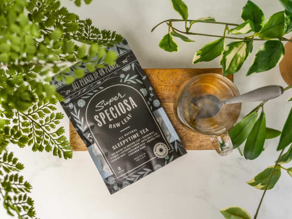 Super Speciosa's Evening Tea, made with crushed kratom leaves and other herbs.