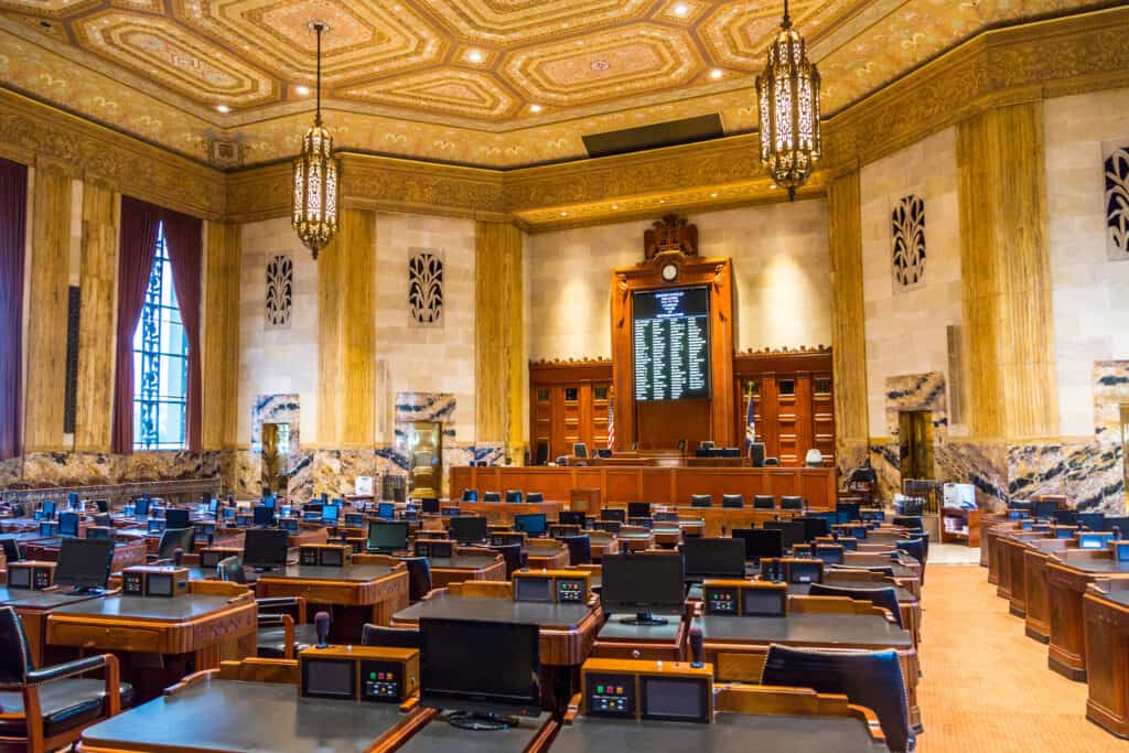 BATON ROUGE, USA - the house of chambers in Louisiana State Capitol on July 13,2013 in Baton Rouge, USA. The New State Capitol was build in 1930 and is still in use by Louisianan politician. This is where lawmakers meet to determine kratom legislation in Louisiana.
