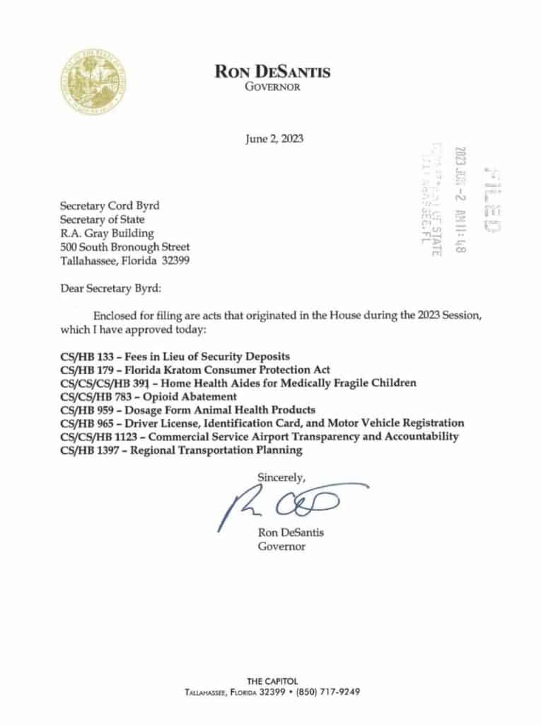 Official document where Governor Ron Desantis signed the Florida Kratom Consumer Protection Act.