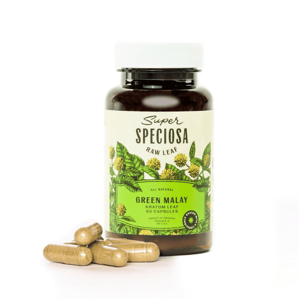 Super Speciosa Green Malay kratom capsule bottle. Buy Premium kratom pills online today!