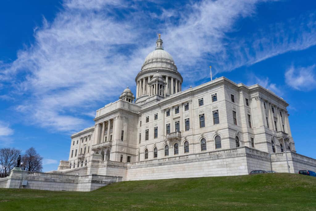 Rhode Island state house as the state capitol and monument symbolizing america as united states in the downtown area