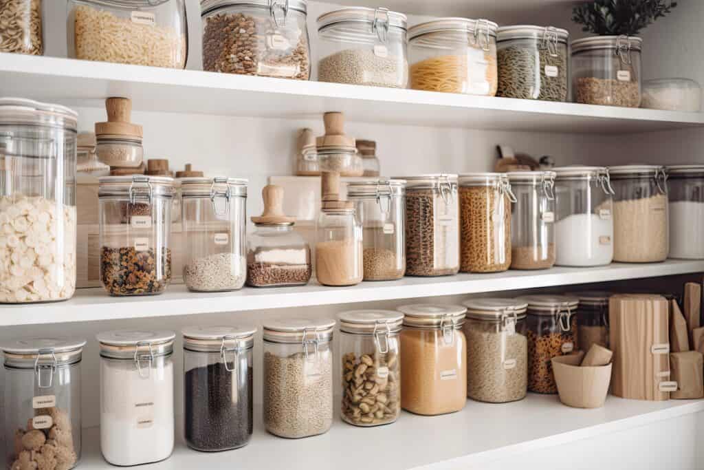 a pantry with glass jars and other food storage containers, each labeled for easy use