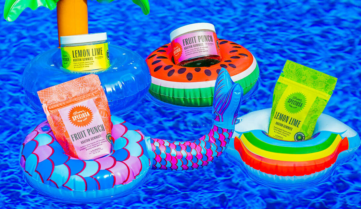 Super Speciosa kratom gummies floating in pool.