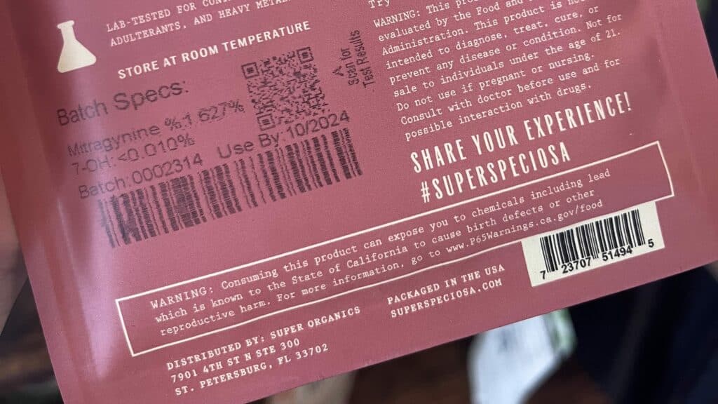 Super Speciosa label with Prop 65 warning for kratom products.