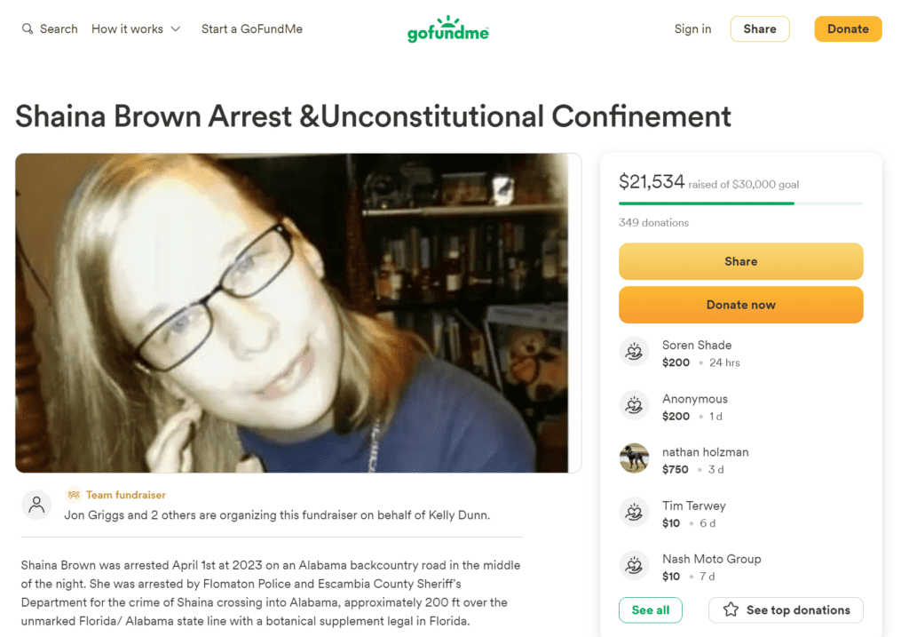 Social Media outcry of Shaina Brown, an Alabama woman arrested for possession of kratom. This is her gofundme.