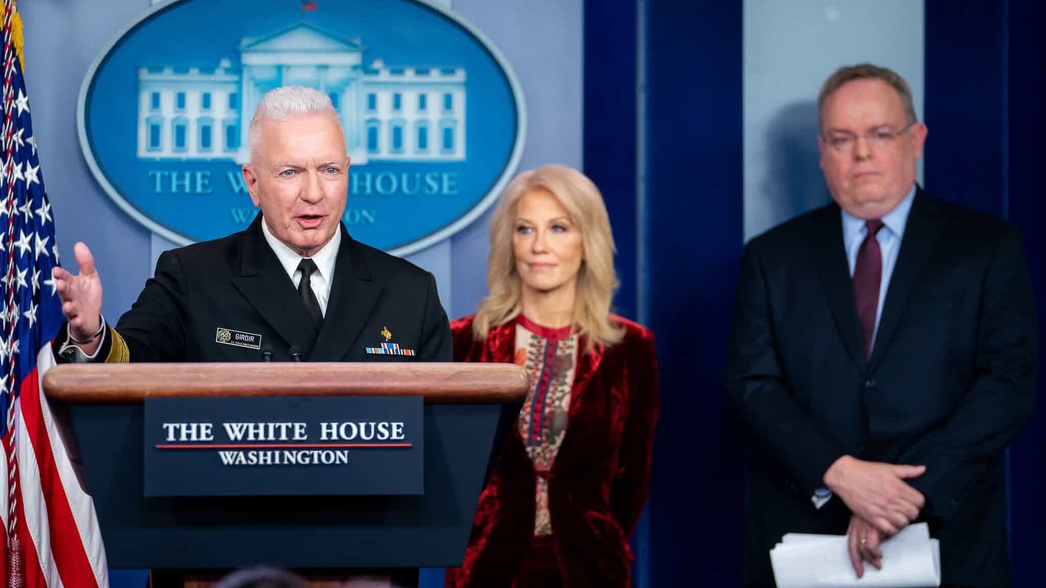 Assistant Secretary of Health Adm. Brett Giroir, joined by Counselor to the President Kellyanne Conway and Office of National Drug Control Policy Director Jim Carroll, addresses reporters at a press briefing Thursday, Jan. 30, 2020, in the James S. Brady Press Briefing Room of the White House. (Official White House Photo by Tia Dufour)
