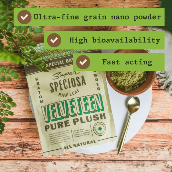 Velveteen Nano Kratom facts with Super Speciosa kratom powder bag and bowl of powder.