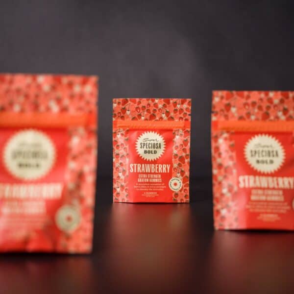 Three sample bag sizes of Super Speciosa's Strawberry Kratom Gummies made with premium kratom extract.