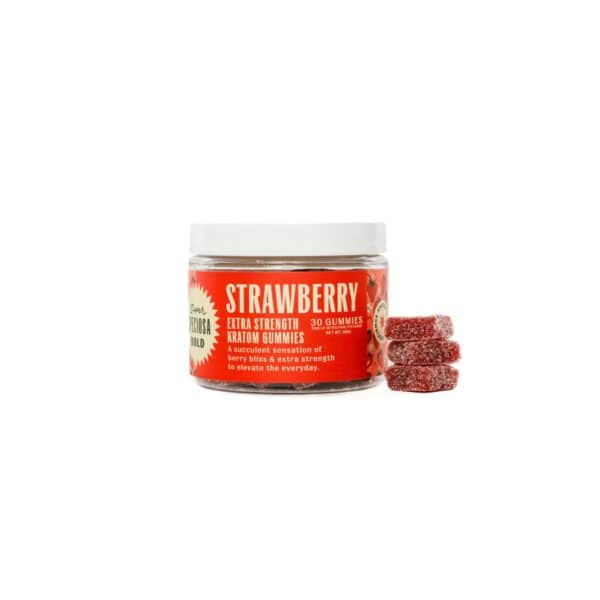 Super Speciosa Extra Strength Strawberry Kratom Gummies Jar next to stack of 3 strawberry gummies, made with premium kratom extract.