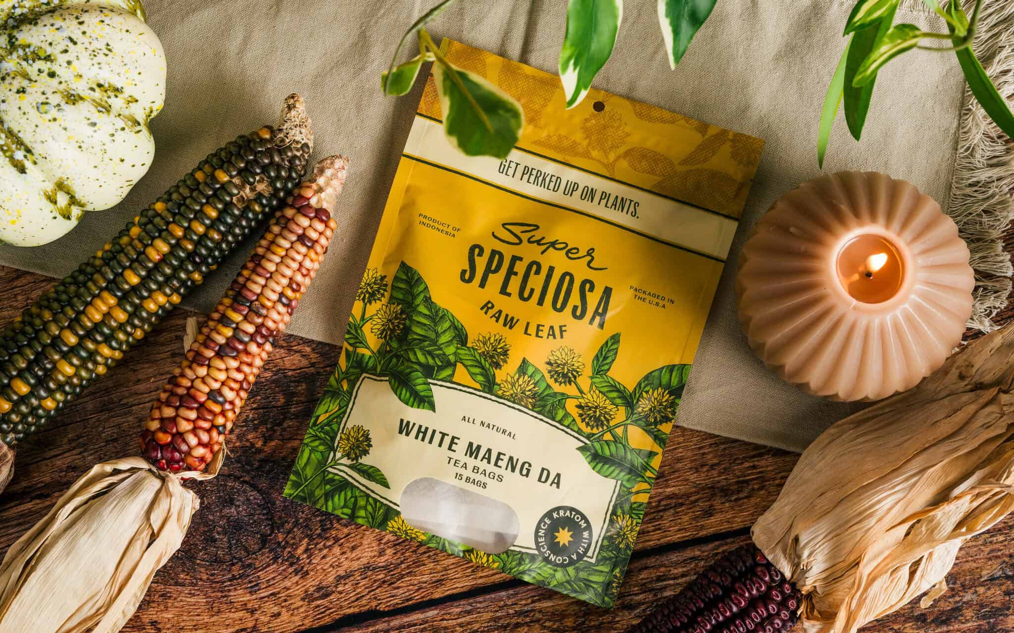 Super Speciosa's White Maeng Da Kratom Tea Bags staged in an autumn setting. White Maeng Da is one of the best kratom strains to buy in 2023.