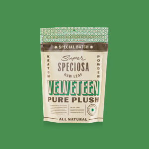 Super Speciosa's special batch, Velveteen, a Nano Kratom Powder. Green vein kratom strain bag.