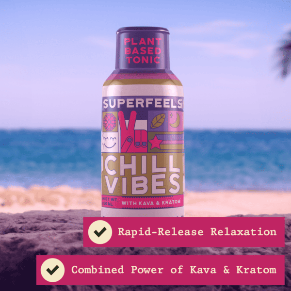 Super Speciosa's Super Fees Kava and Kratom Shot and drink with text explaining the benefits of this kava kratom product.