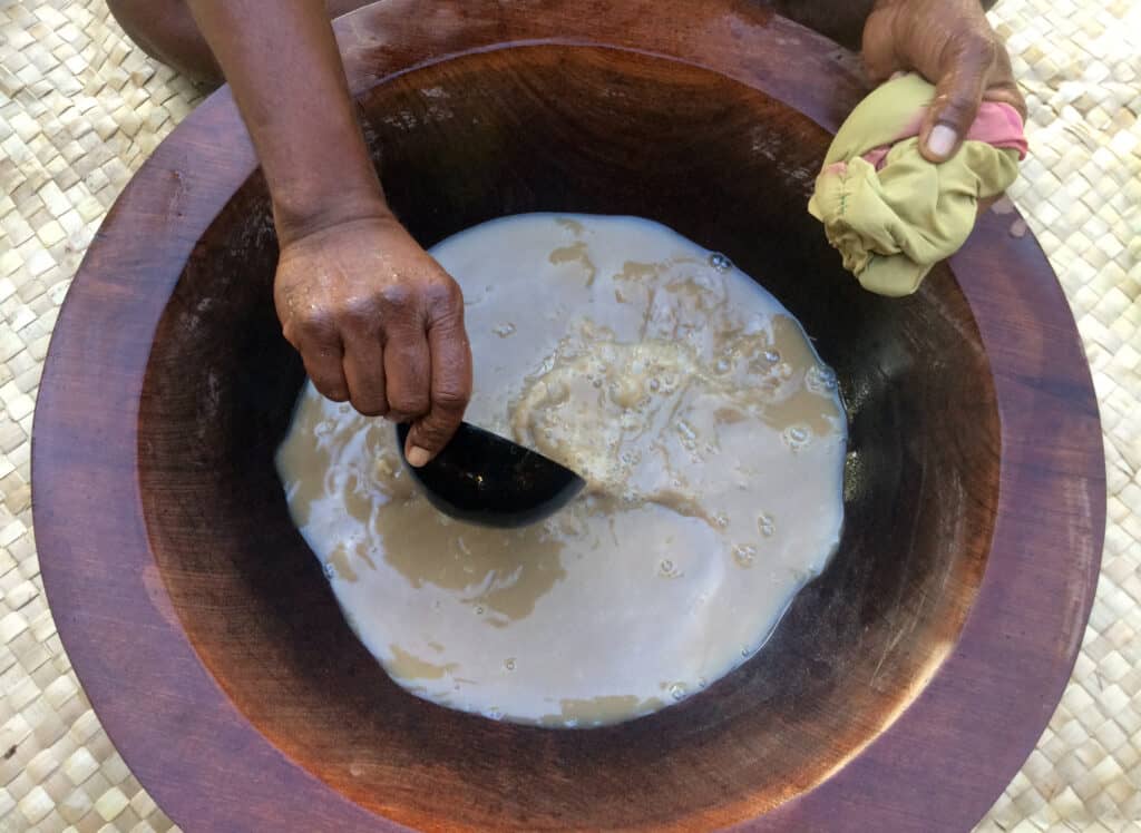 Traditional Kava the national drink of Fiji. Kava is made from mixing the powdered root of the pepper plant with water and results in a numb feeling and a sense of relaxation
