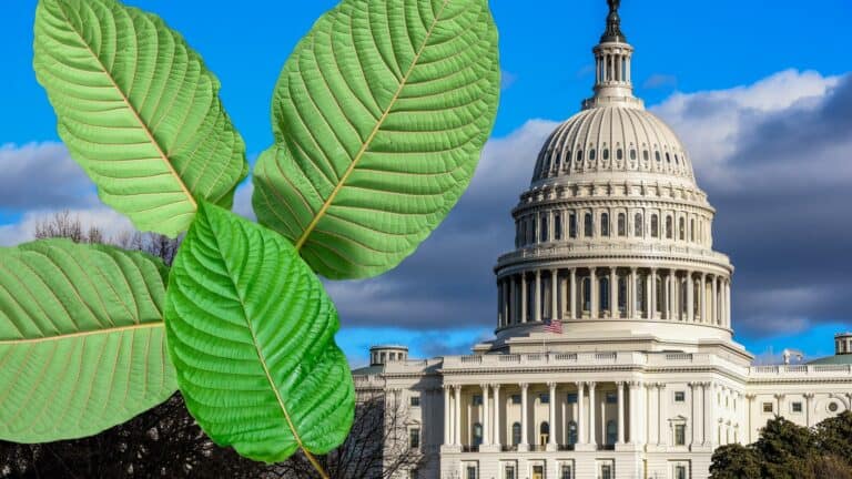 Federal Kratom Consumer Protection Act reintroduced at the US Capitol. Shows kratom leaves and US Capitol building.