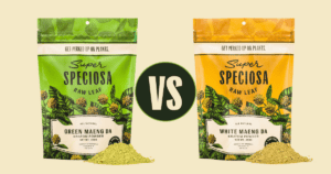 Image showing Super Speciosa’s Green Kratom vs White Kratom powder bags with pile of kratom powder.