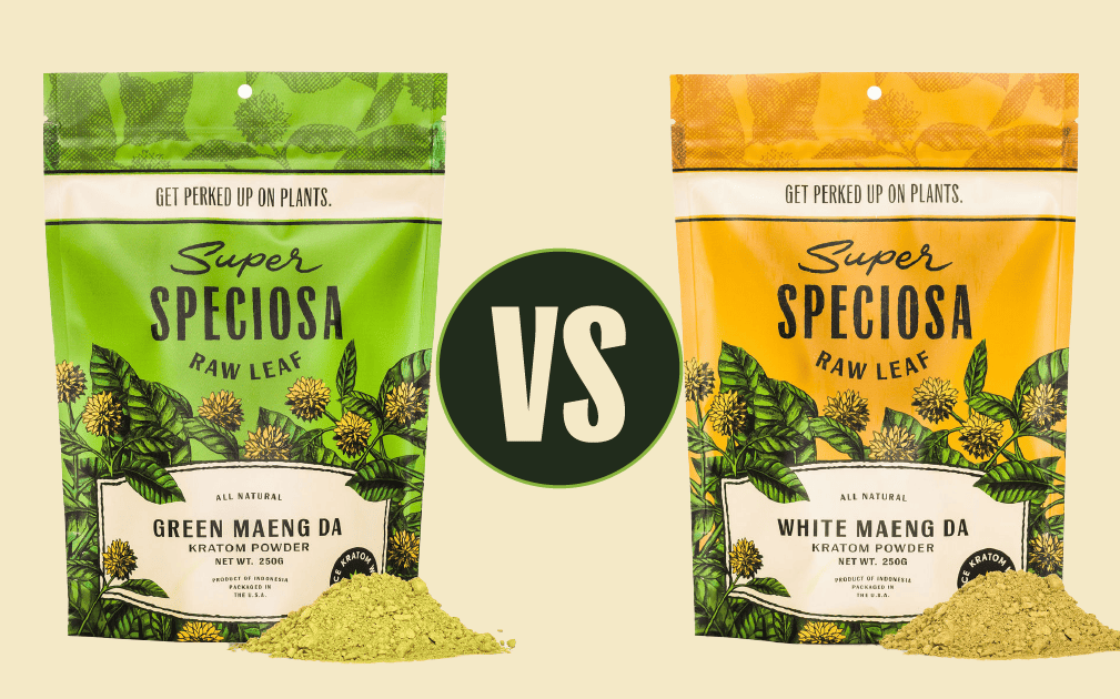Image showing Super Speciosa’s Green Kratom vs White Kratom powder bags with pile of kratom powder.