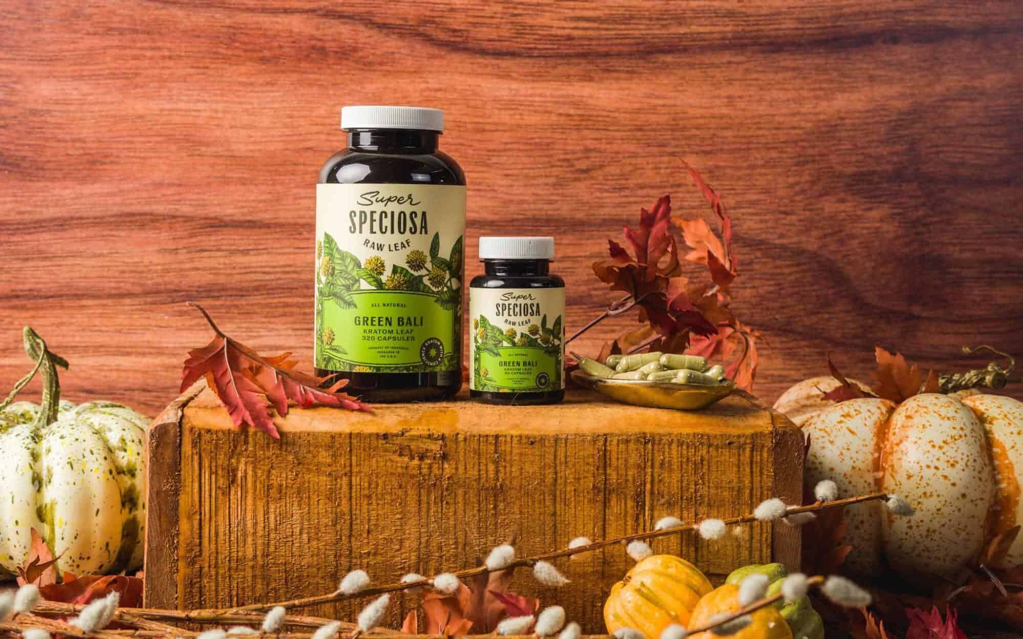 How many kratom capsules should you take? Showcase of Green Bali Kratom Capsules and plate of kratom capsules with a fall backdrop and autumn accessories.