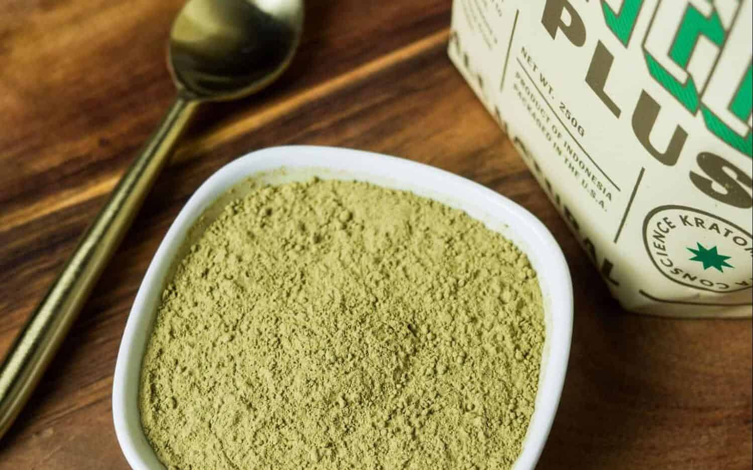 Close up view of Nano Kratom Powder in bowl with spoon