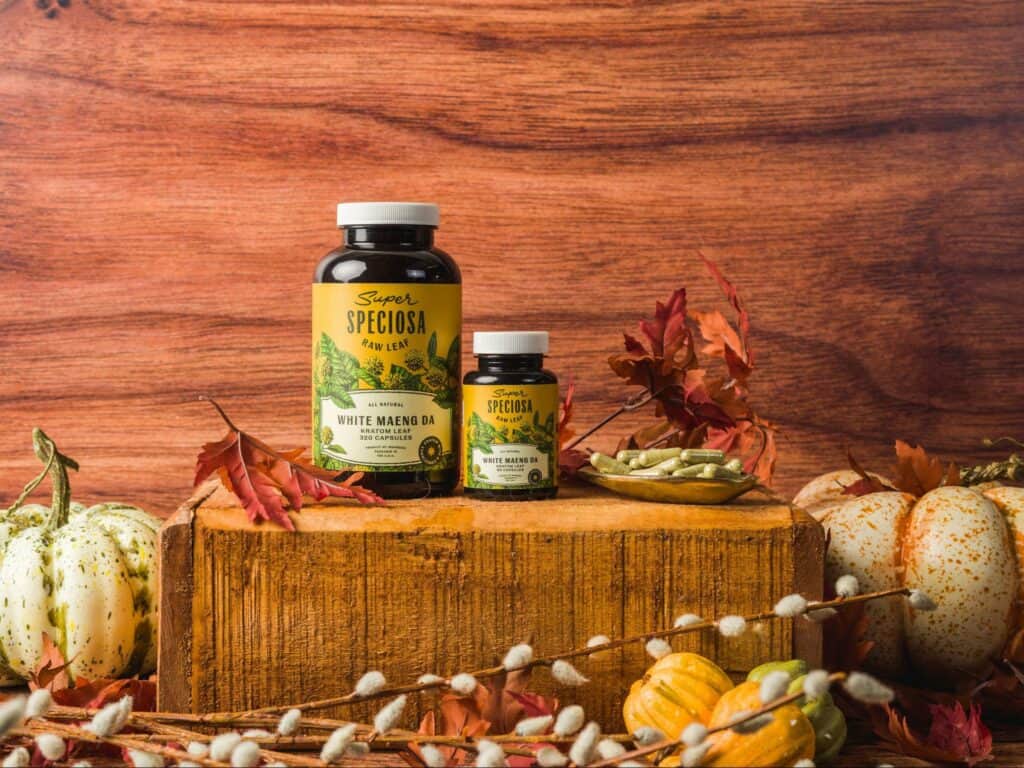 White Maeng Da kratom capsules bottles with plate of kratom capsules in autumn settings with pumpkins and leaves. Discover how many kratom capsules you should take.