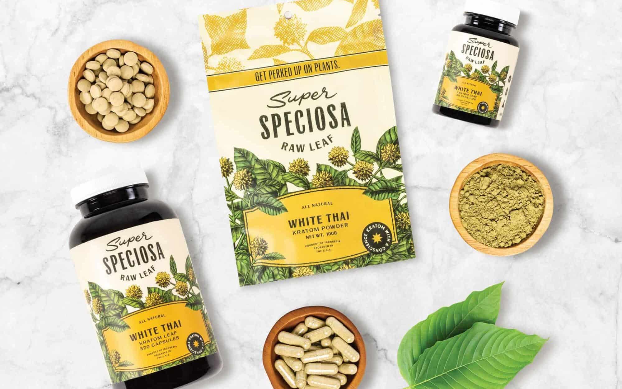 Super Speciosa’s array of different White Thai kratom products, such as kratom tablets, kratom capsules, and kratom powder.
