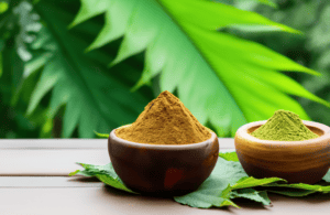 Bowl of kava powder and bowl of kratom powder in a tropical setting. Shows comparison between kava and kratom.
