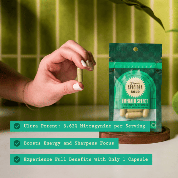 3 facts of emerald select enhanced enhanced kratom capsules with hand holding capsules