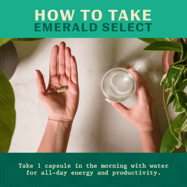 how to take emerald select enhanced enhanced kratom capsules, shown with 1 hand and capsules and cup of water