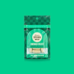 Bag of Super Speciosa's emerald select enhanced enhanced kratom capsules with green background.