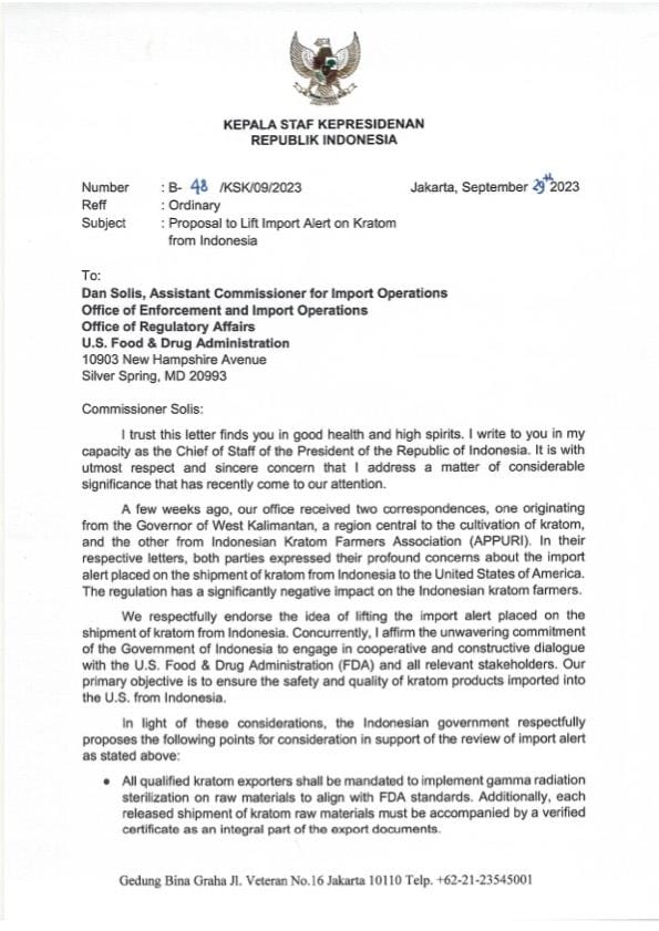 Chief of Staff of The President of the Republic of Indonesia General TNI (Ret.) Dr. Moeldoko letter to the FDA on lifting the import alert for kratom.